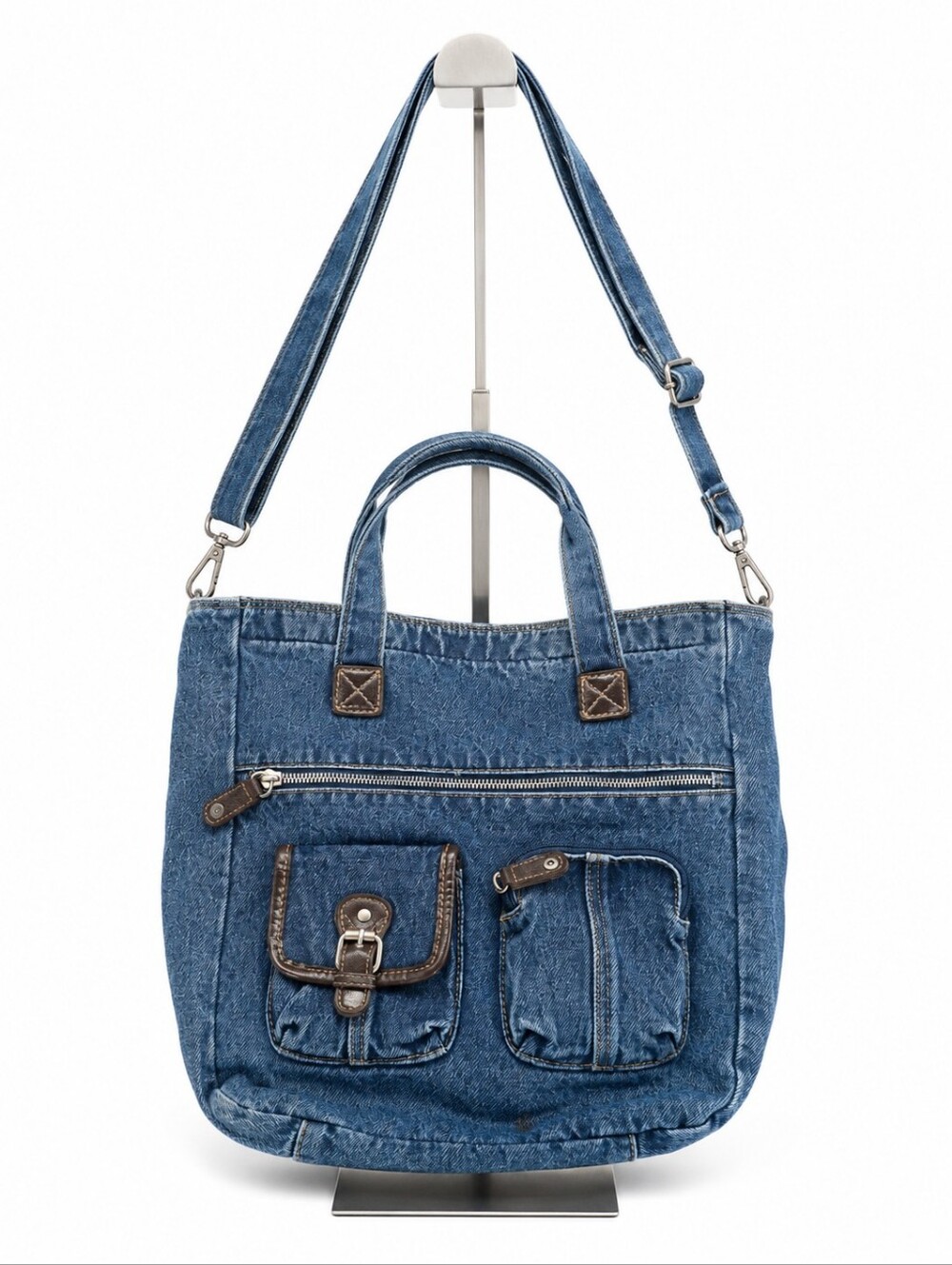 Denim Hobo Crossbody Bag With Leather Trim